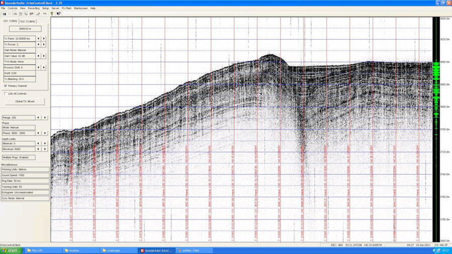 Plotted data shows the sediment structure below the surface of the seafloor.