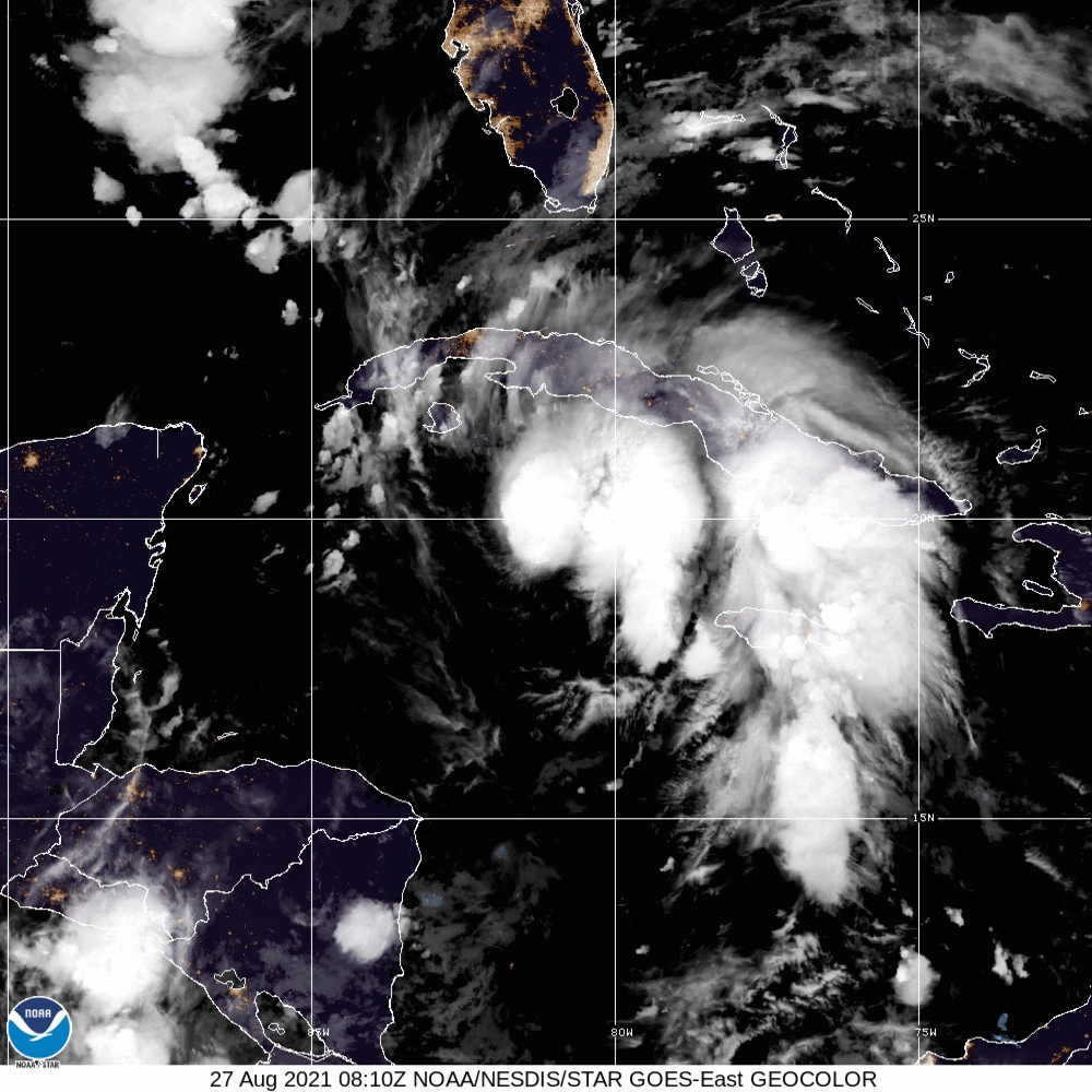 Image shows an animated looping gif of satellite imagery of Hurricane Ida as it moves through the Caribbean