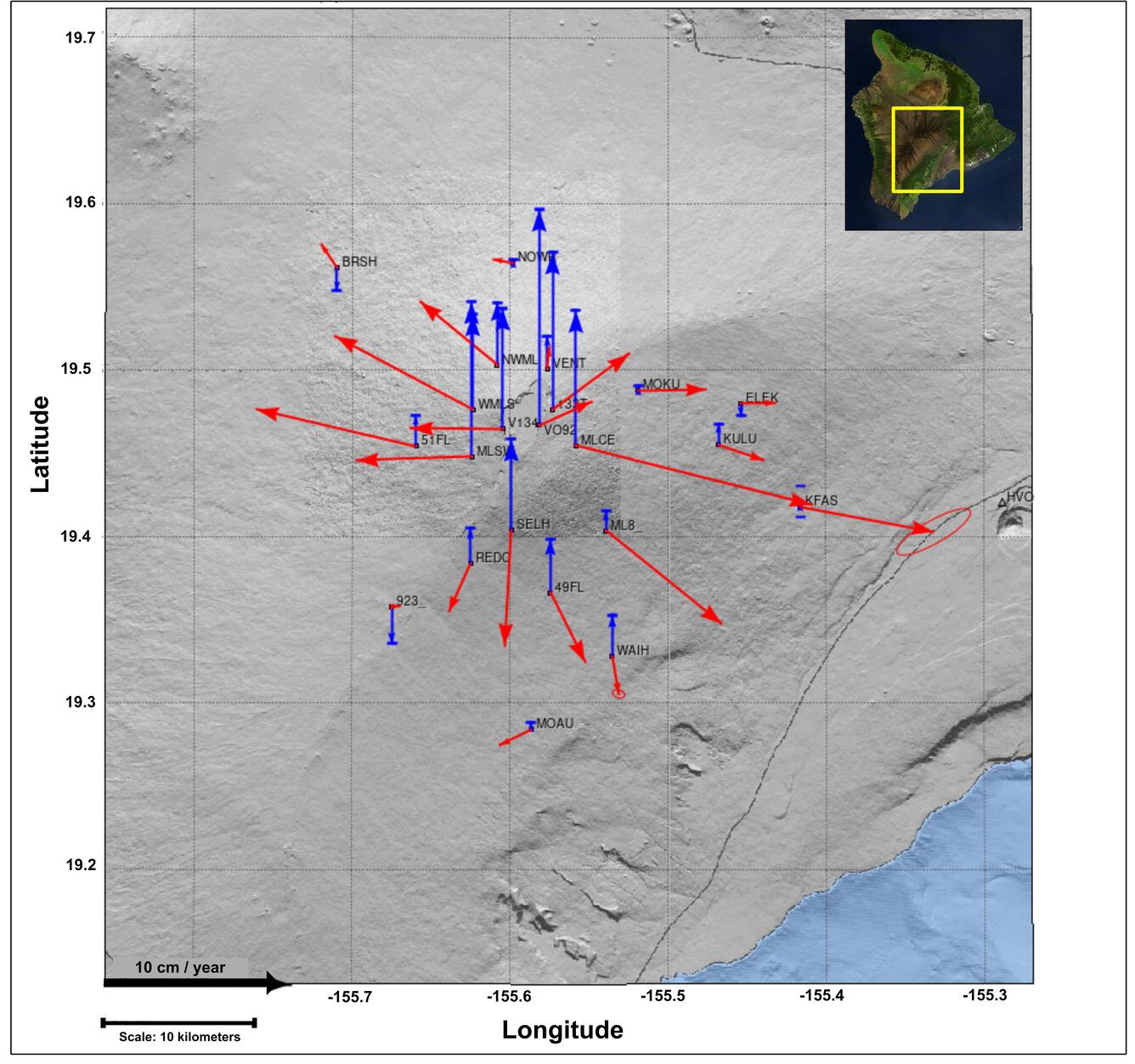 Color map showing how GPS stations moved on a volcano