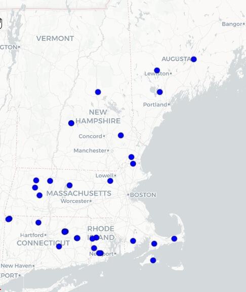 A map of New England with site locations as blue dots.