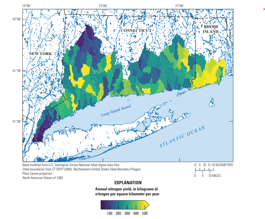 A map of Connecticut with certain sections colored in blue, green and yellow. 