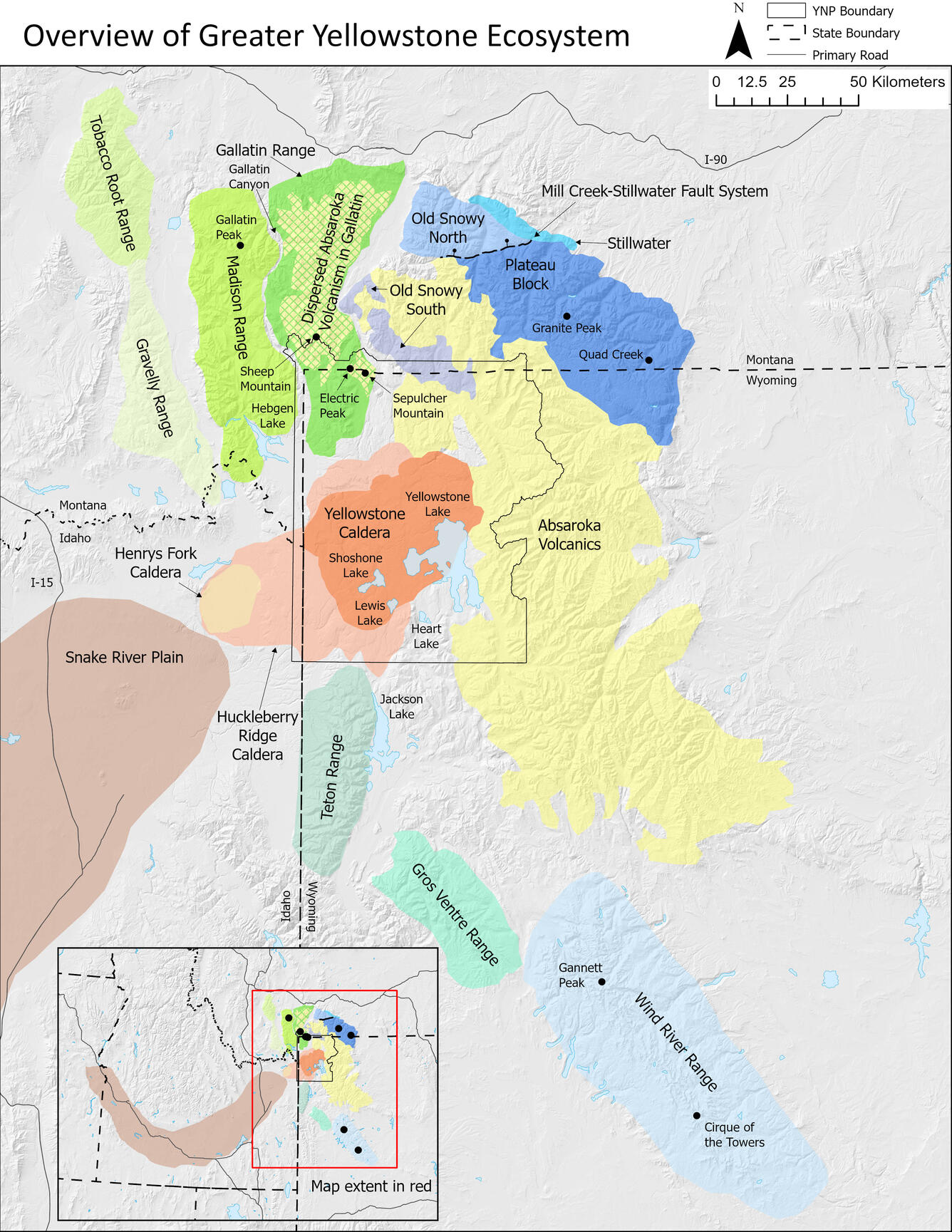 Map showing the geologic domains of the Greater Yellowstone Ecosystem in differing colors