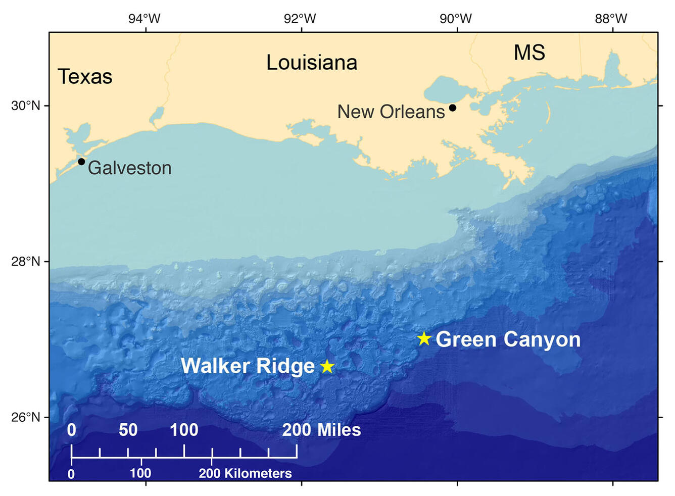 Map shows the seafloor off of a coastline with some stars on the shelf to show locations discussed.