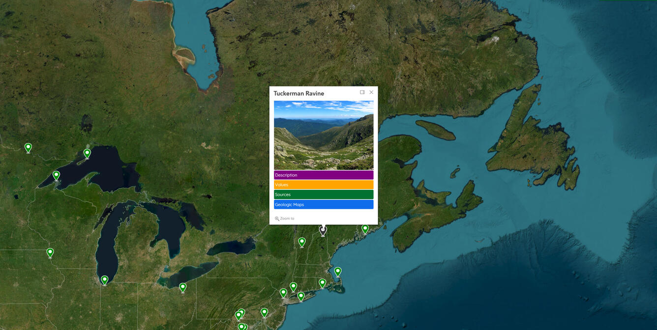 Web map with open pop showing a photo of the Tuckerman Ravine location in New Hampshire