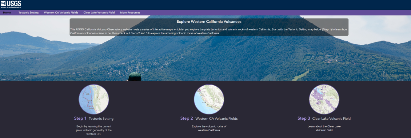 A screenshot of Western California Volcano Research Maps Geonarrative
