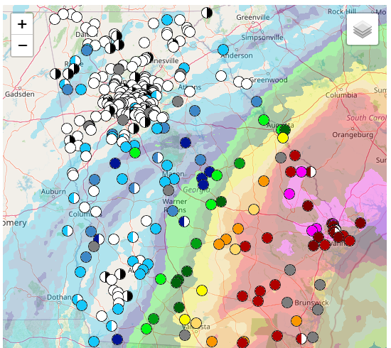 Georgia Cumulative Rainfall Map with National Weather Service Radar Overlay