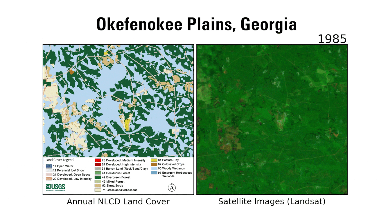 2 animations side by side, one in green and tan colors with a legend, the other in mostly greens and browns