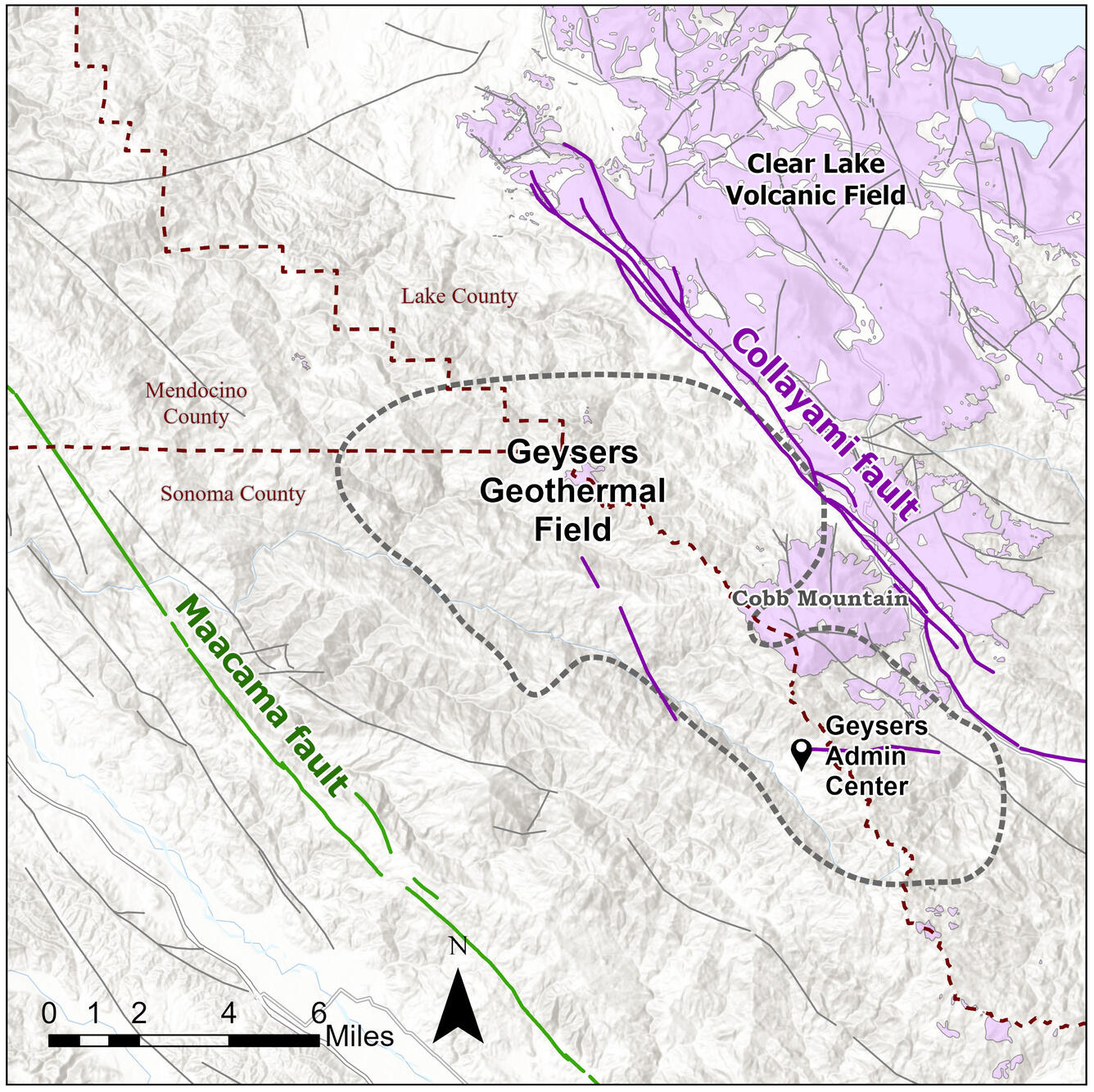 Map of faults around the Geysers Geothermal Field with the Maacama in green and Collayami in purple