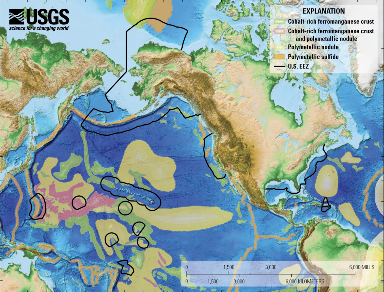 Colorful map of the Continental US and parts of the Atlantic, Arctic and Pacific oceans, with black lines showing the extent of the U.S. Outer Continental Shelf and the Exclusive Economic Zone surrounding U.S. island territories, with color-keyed indications of mineral prospectivity.