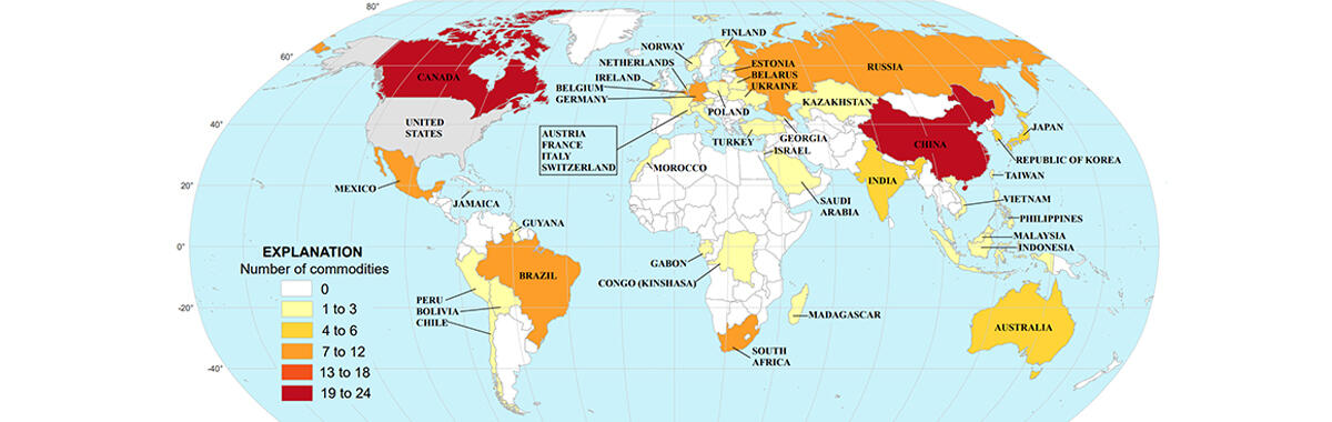 A color-coded map of the world showing which countries the U.S. imports minerals from. 