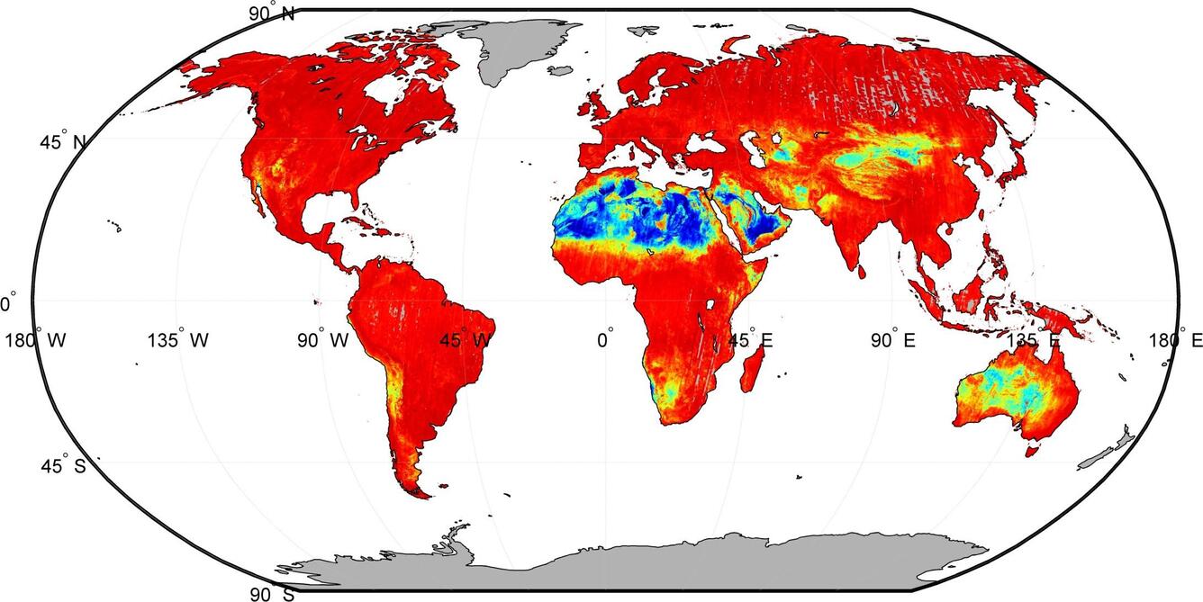 Map of the world with key latitude and longitude labels and variety of colors over the countries, mostly red