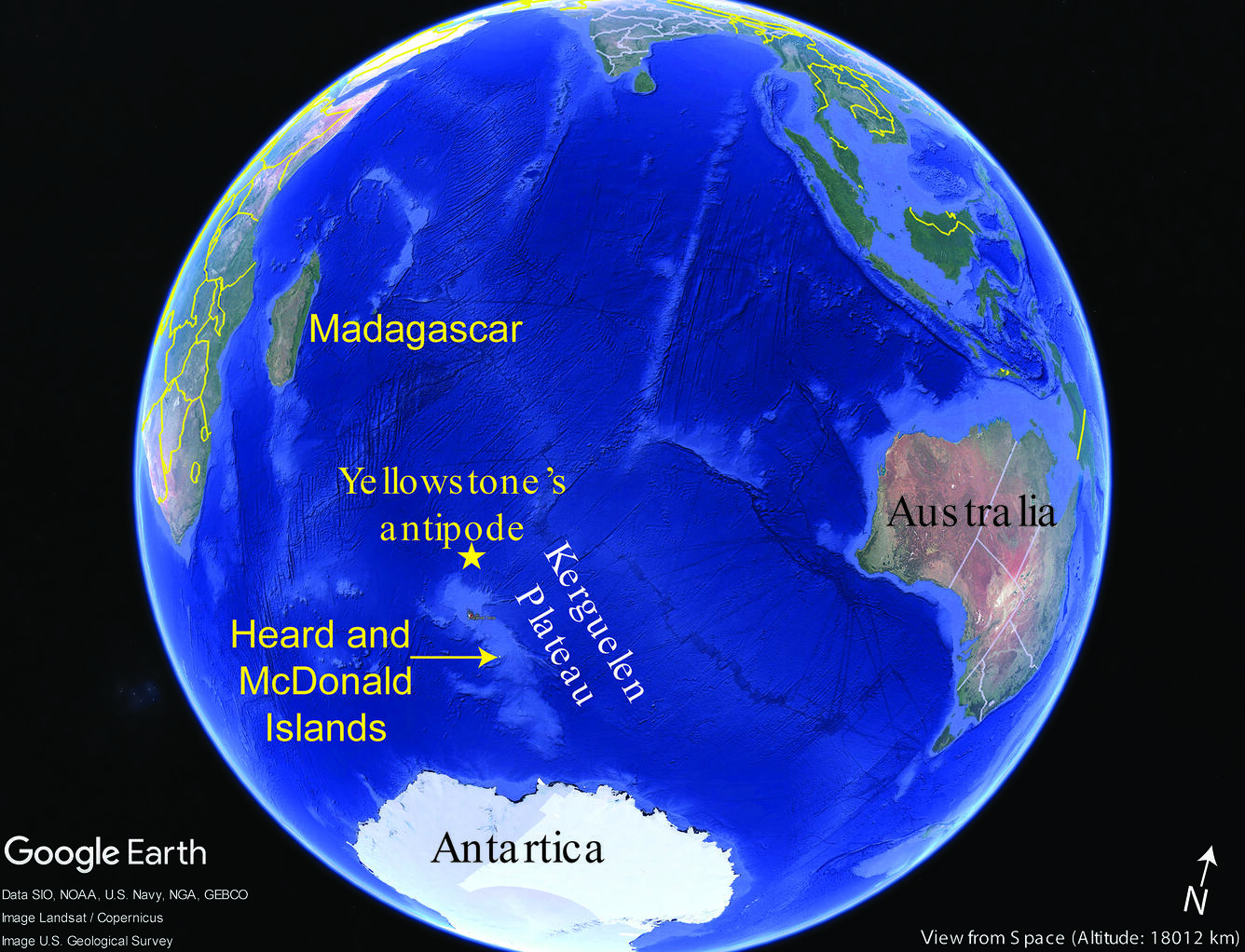 Map of the globe centered on the southern Indian Ocean between Antarctica, Australia, and Africa