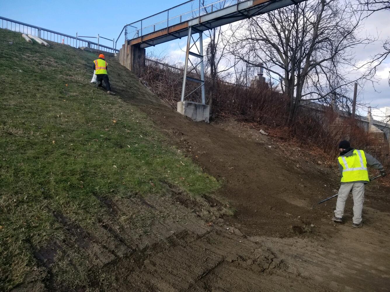 Photograph of hillslope from bottom showing 2 workers grading dirt with rakes