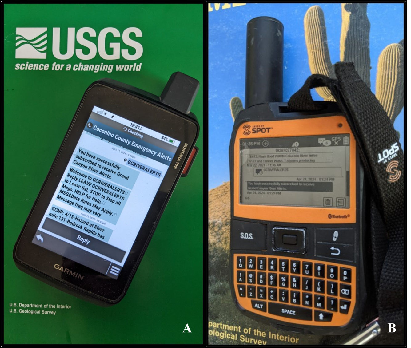 Screenshots of Grand Canyon river alert messages on Garmin and SPOT satellite communication devices