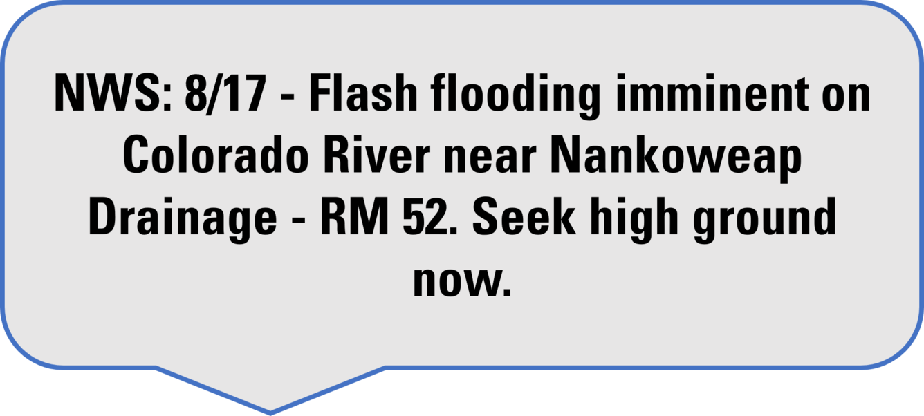A sample alert message from the Grand Canyon river alert system