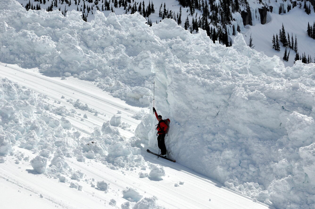 USGS researcher standing near avalanche debris