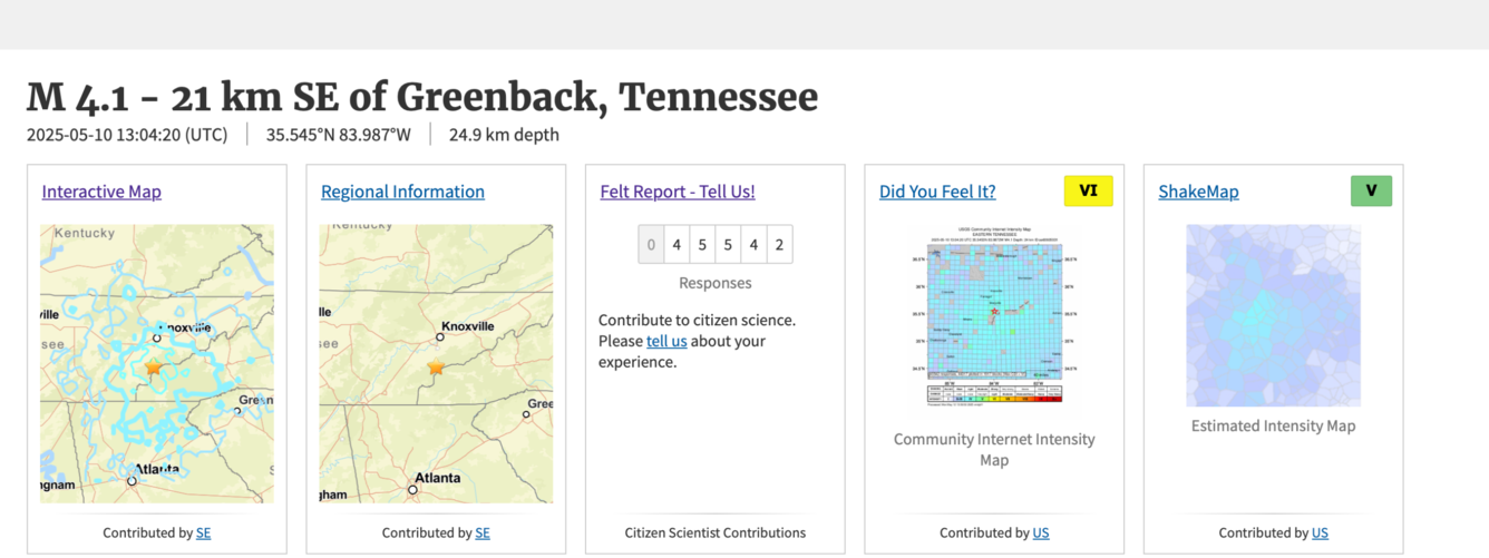 A screenshot of the earthquake event page of the Greenback Tennessee earthquake. 