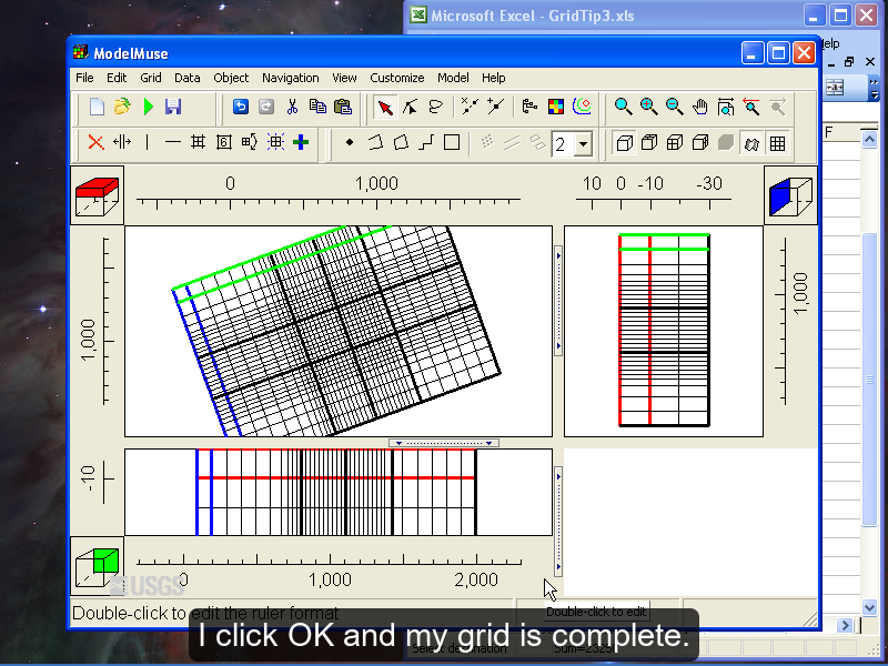 Screen capture of ModelMuse with the words "I click OK and my grid is complete."