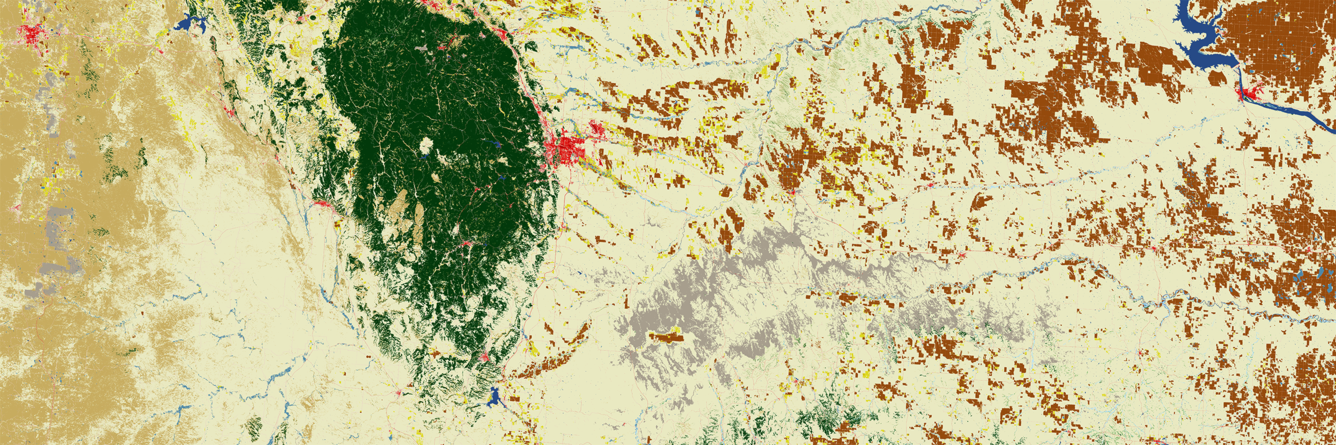 2025 Annual NLCD land cover image of the Black Hills (green), the Badlands (silver), and rangeland in western South Dakota