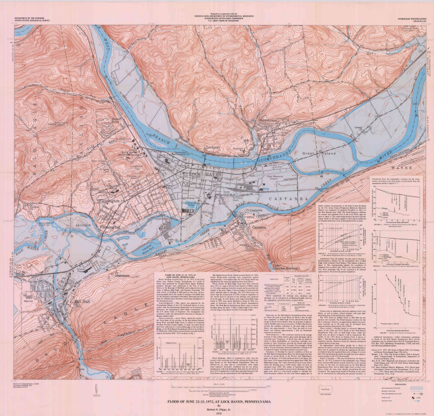 Map showing underwater areas in blue and surrounding land areas in pink, with roads and streams.