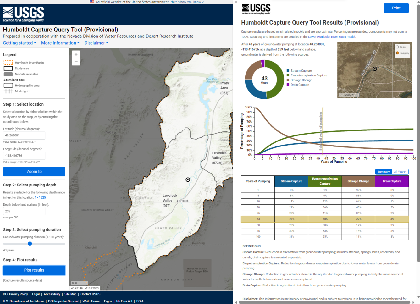 Screenshot of the web tool showing a dots and the associated capture results report.