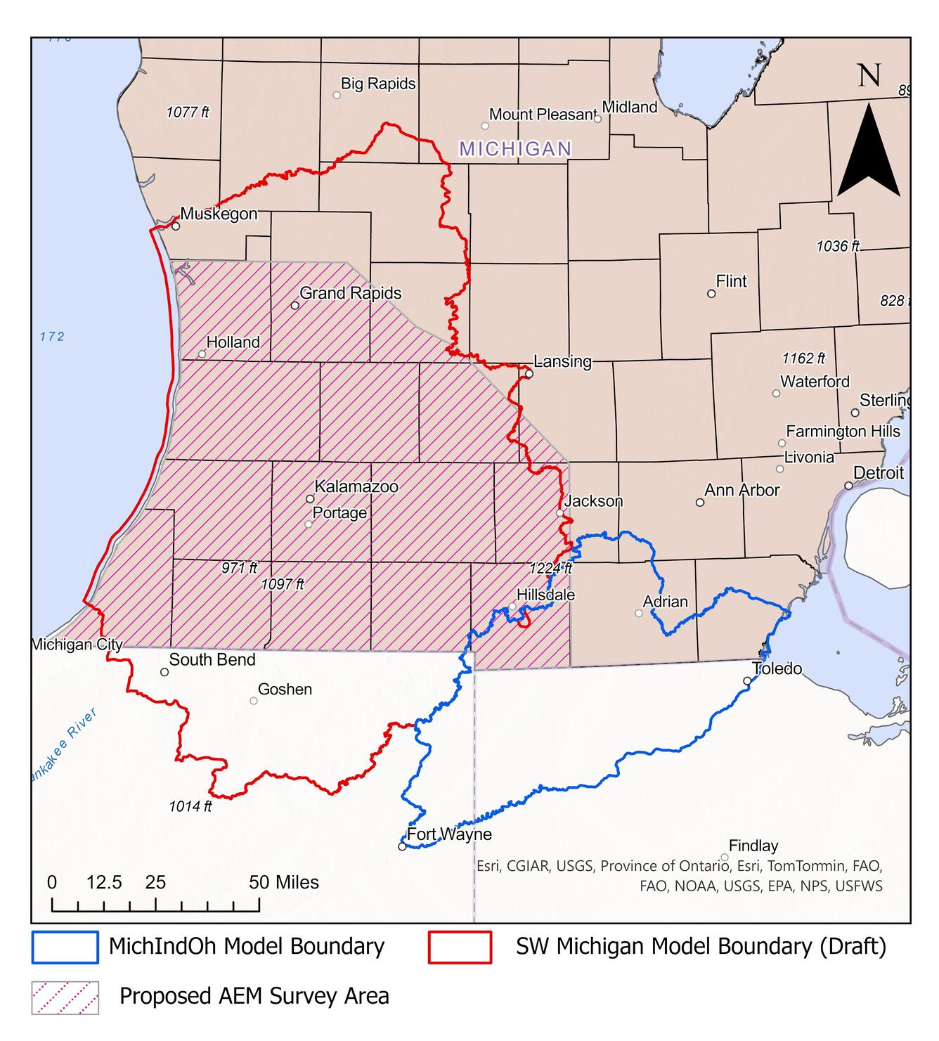 Map showing boundary of airborne electromagnetic survey boundaries in southwest Michigan