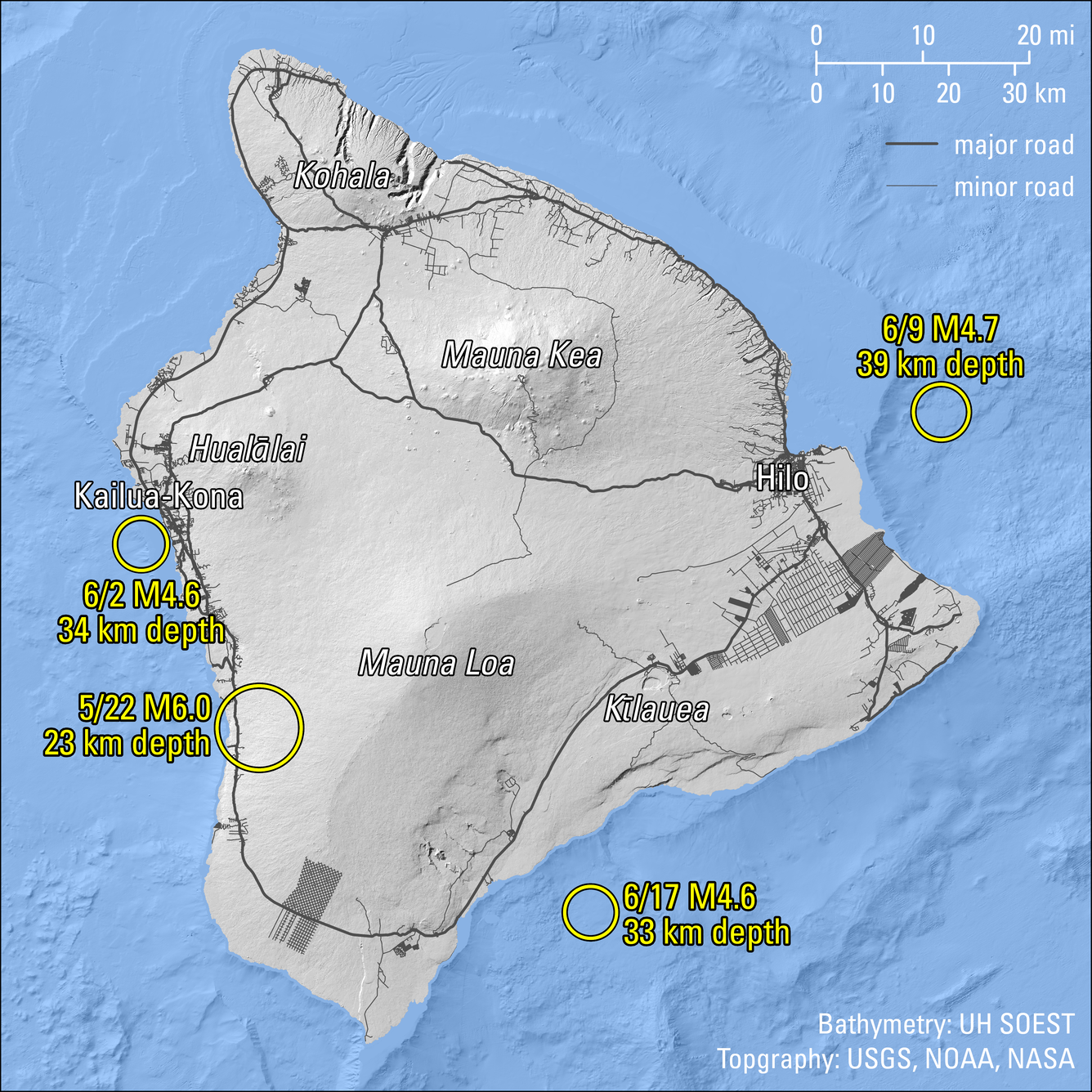 Color map showing earthquake locations around island