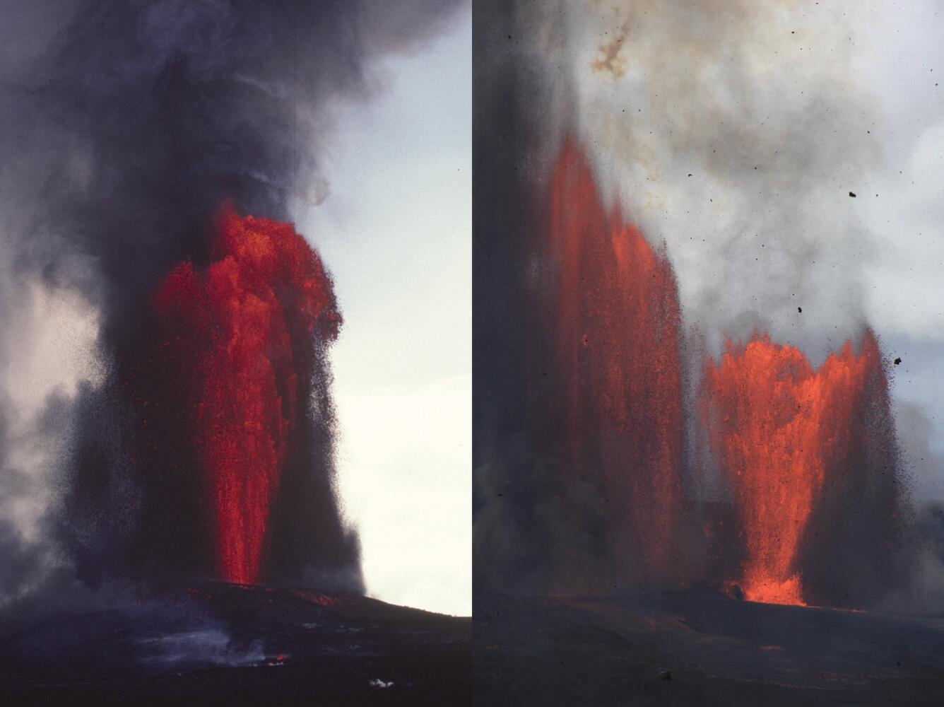 Color photographs of lava fountains during two different eruptions