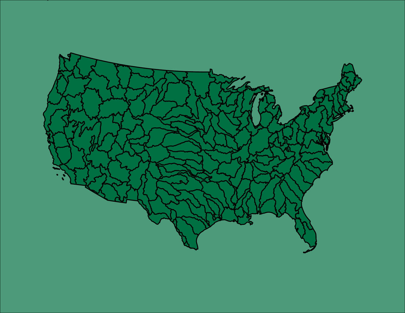 green map of watershed boundaries in conterminous United States