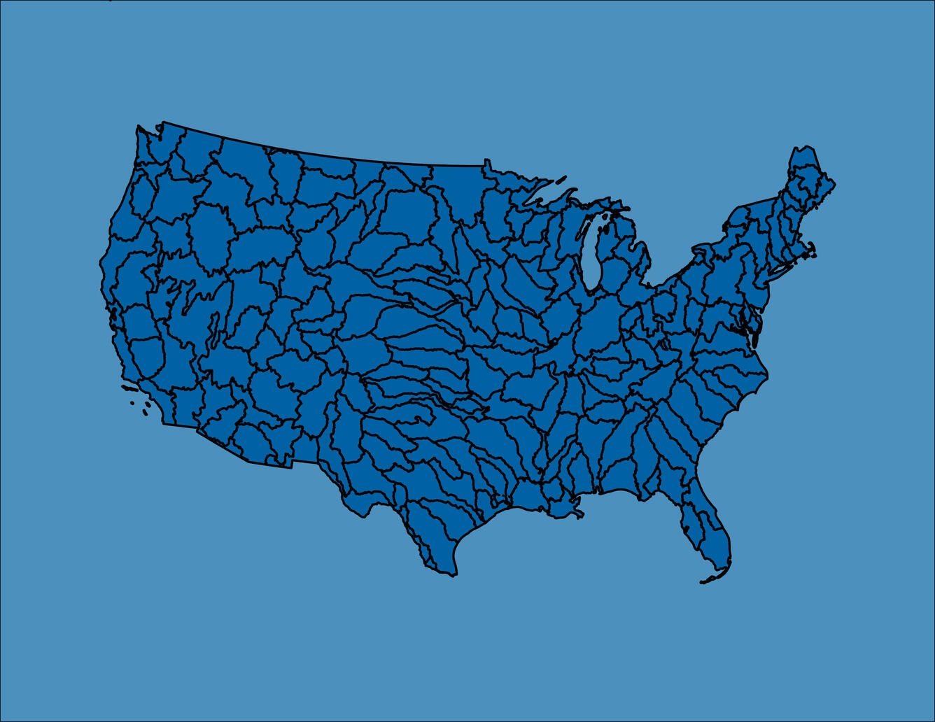 blue map of conterminous United States watersheds