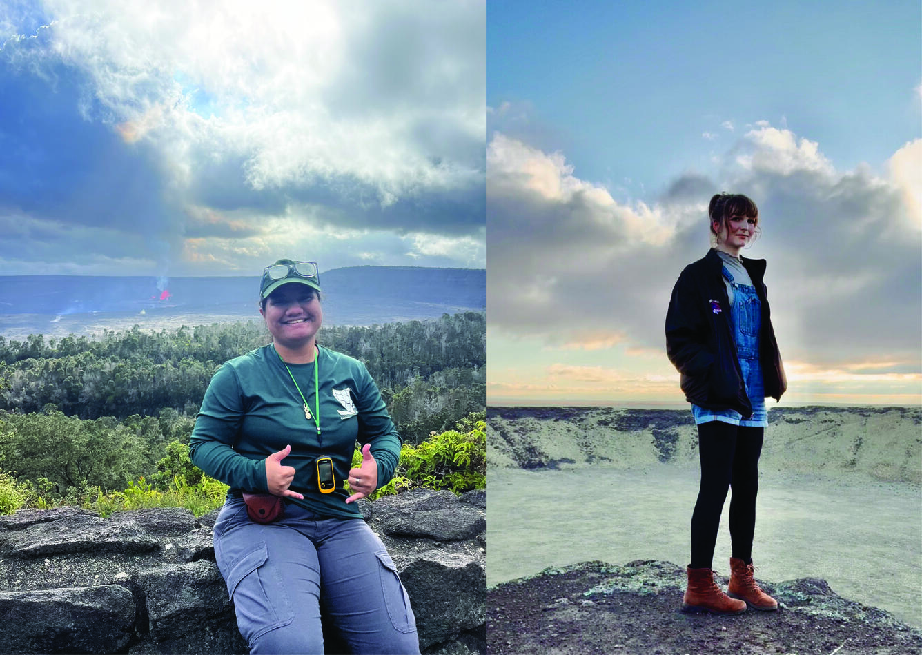 Color photographs of two scientists standing near volcanic depressions