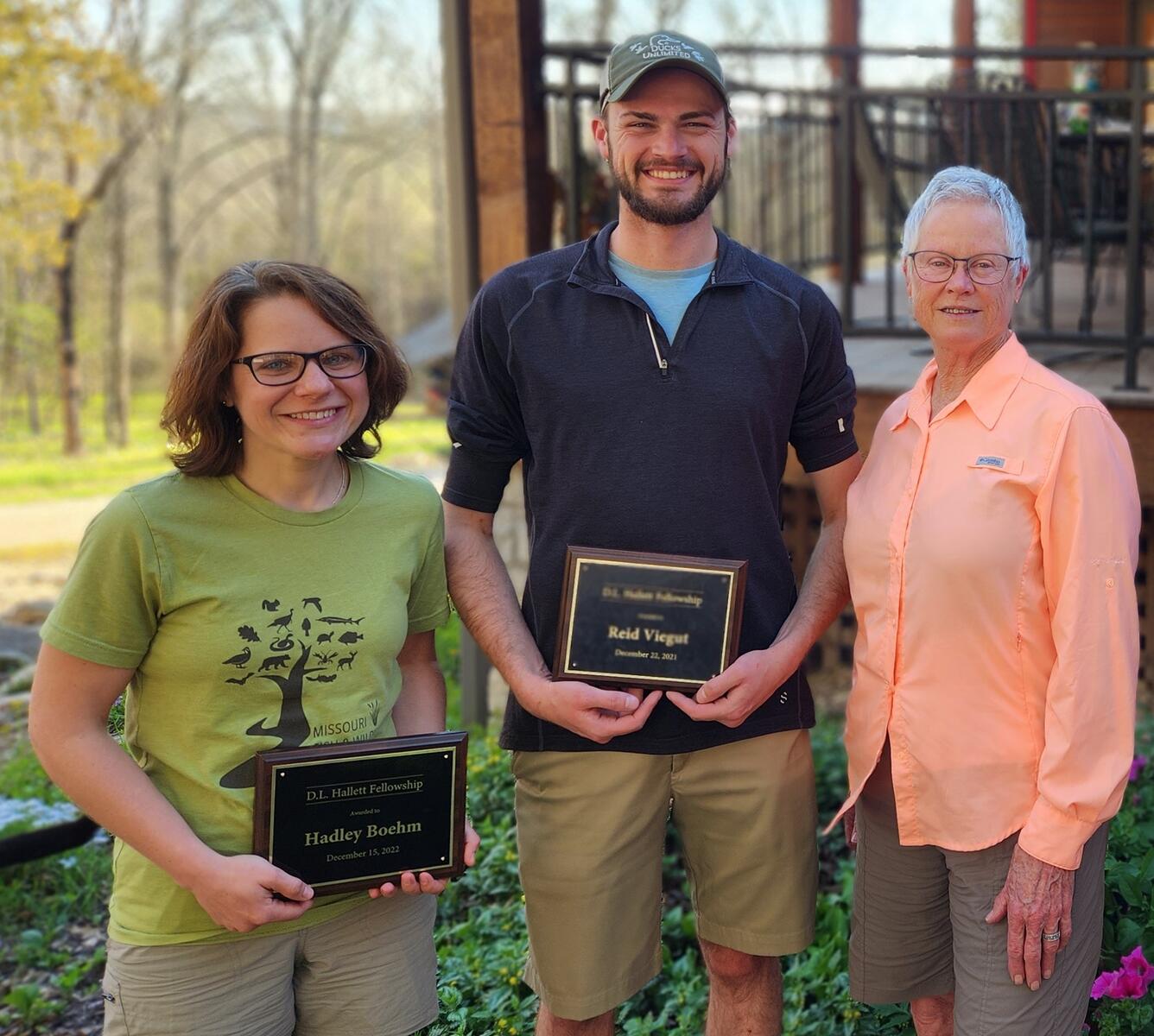 Diana Hallett poses with the 2021 and 2022 winners of the D.L. Hallett Fellowship Award