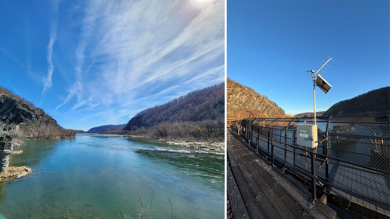 Collage of two photos: A landscape of the Potomac River and the Harper's Ferry streamgage