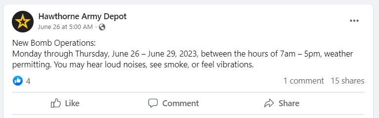 Screenshot of announcement which reads: "New Bomb Operations Monday through Thursday June 26 - June 29, 2023, between the hours of 7am-5pm, weather permitting. You may hear loud noises, see smoke, or feel vibrations."