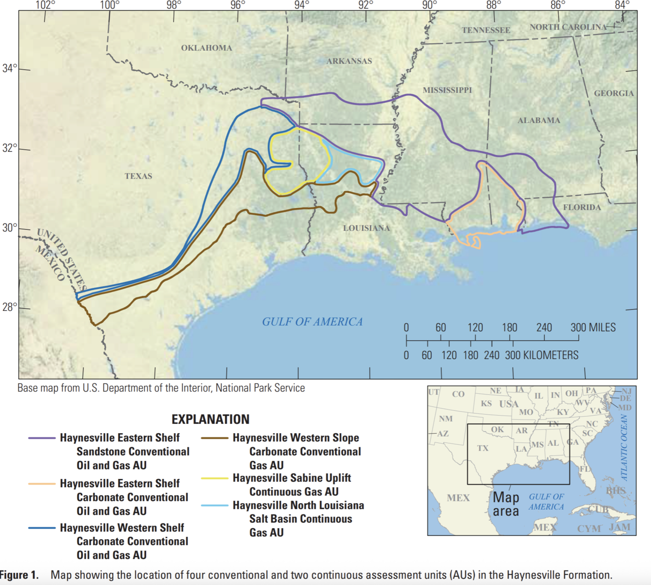 Map of the Gulf Coast from the Texas-Mexico border to the Florida panhandle showing Haynesville oil and gas assessment units.
