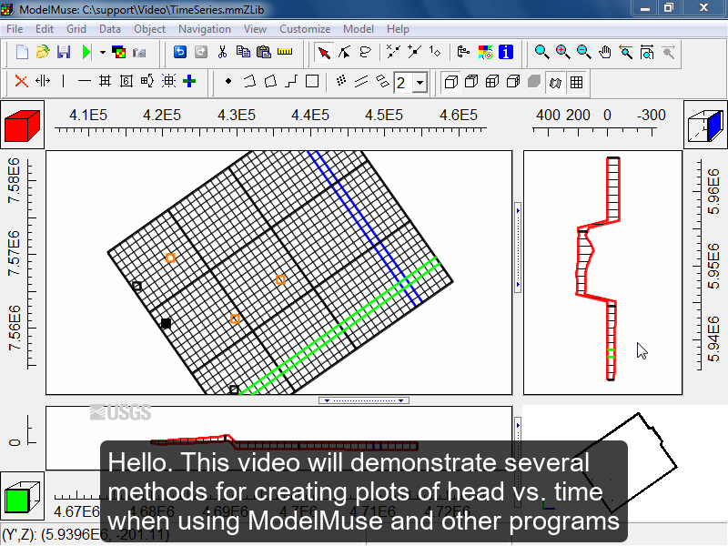 Screen capture of ModelMuse with the caption "This video will demonstrate several methods for creating plots of head vs time"