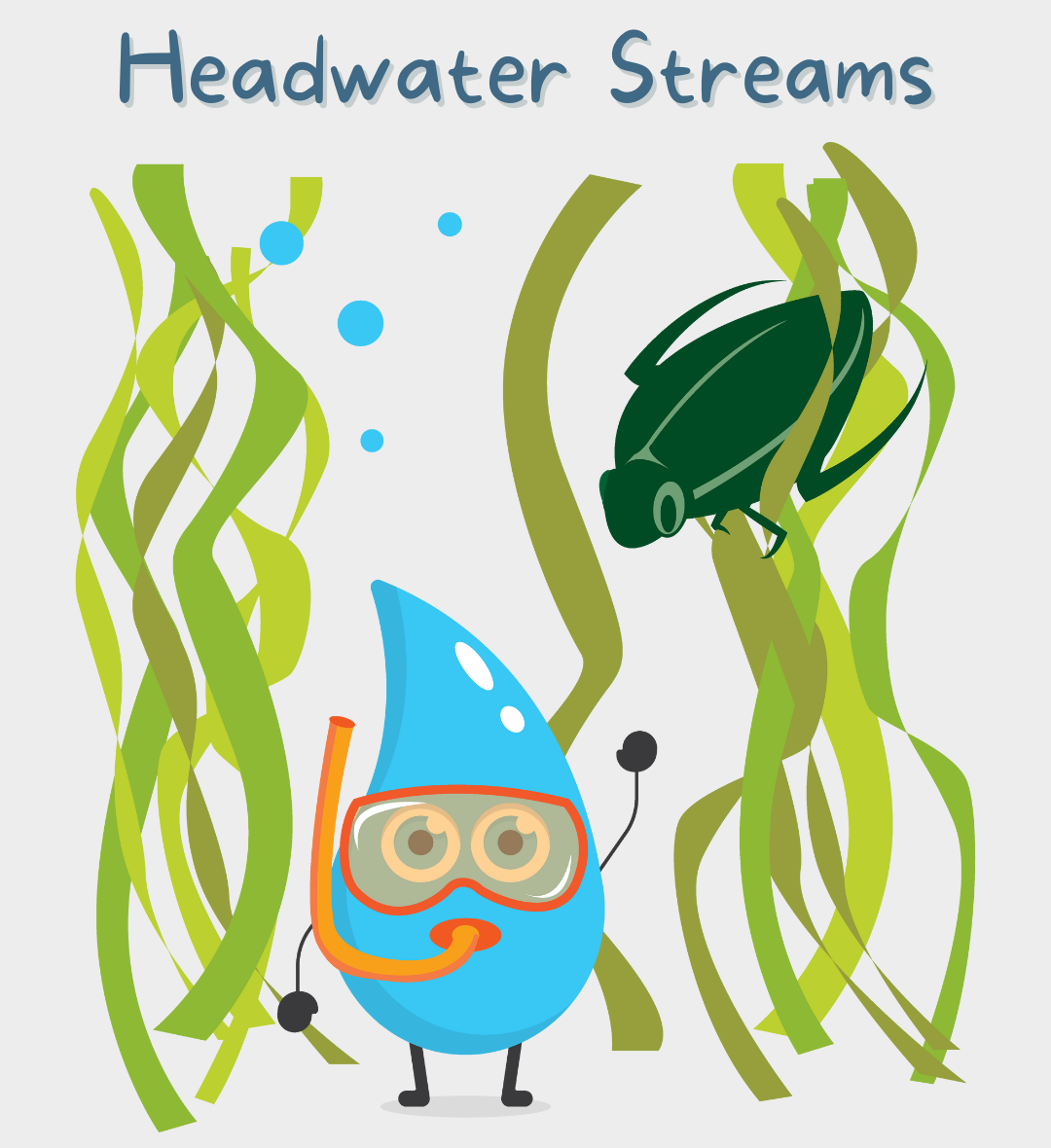 A cartoon water droplet, dressed in a scuba mask and goggles, is underwater with aquatic plants and an insect.