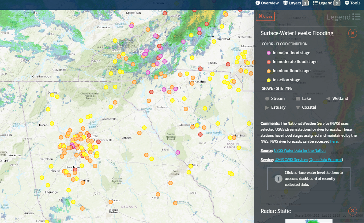 USGS National Water Dashboard Map of River Flooding in Georgia and Western Carolinas from Tropical Storm Helene