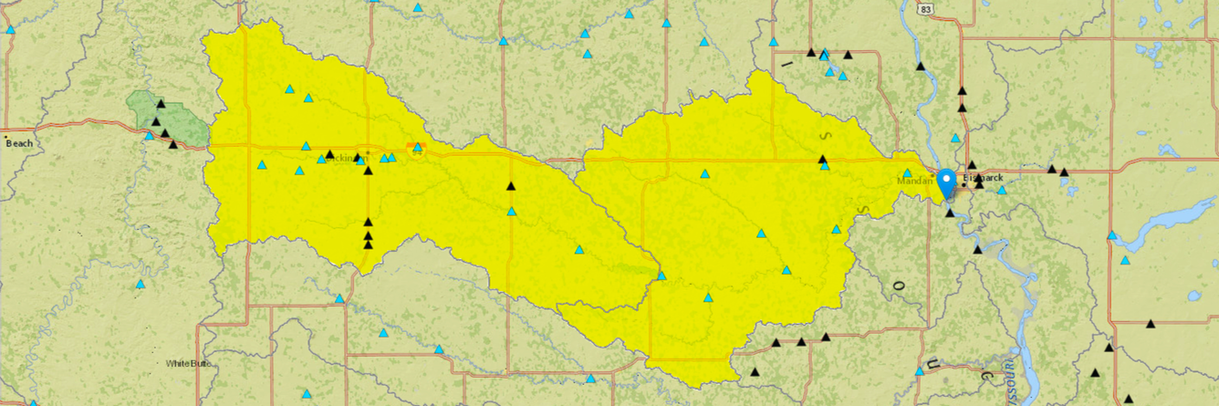 Screen capture of basin delineation in the StreamStats application