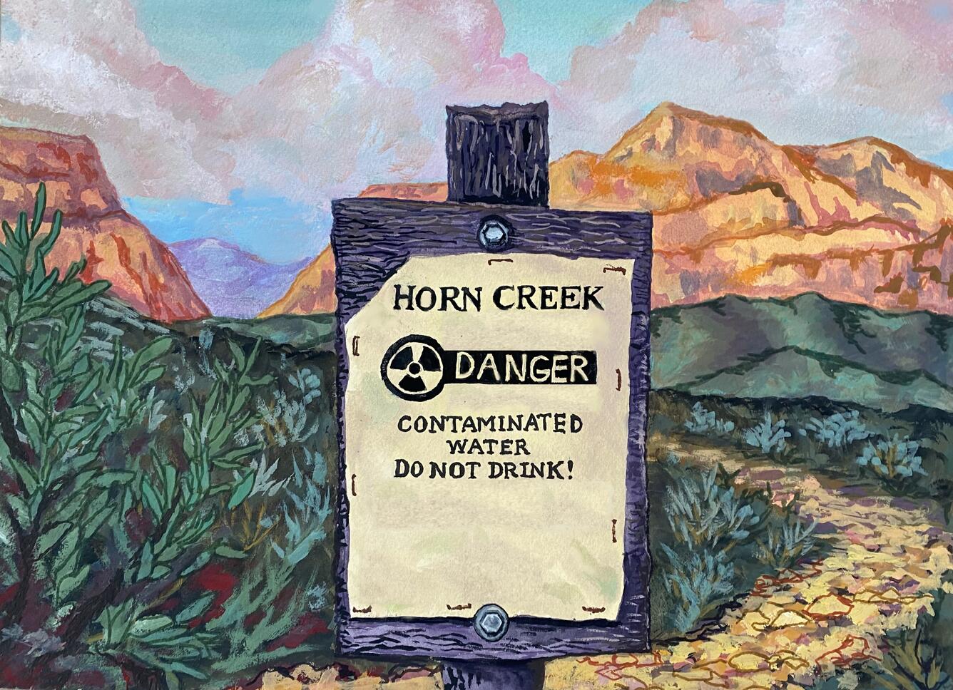 Gouache painting of sign at Horn Creek in the Grand Canyon