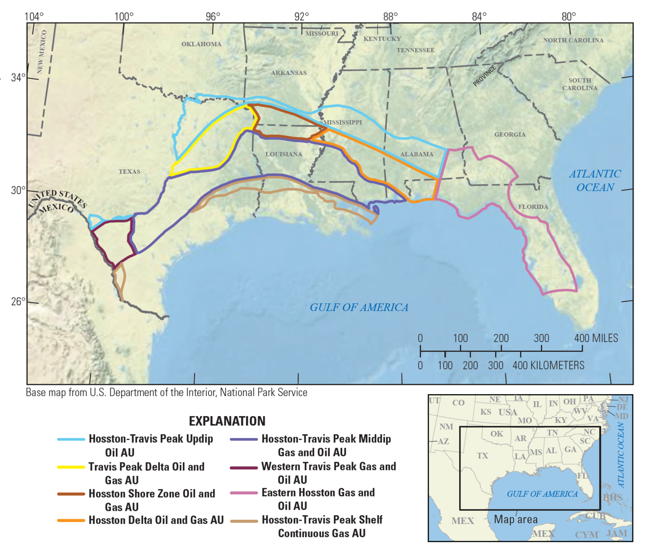 Multicolor map of the Gulf Coast showing oil and gas assessment units from the Mexican border most of the way down Florida