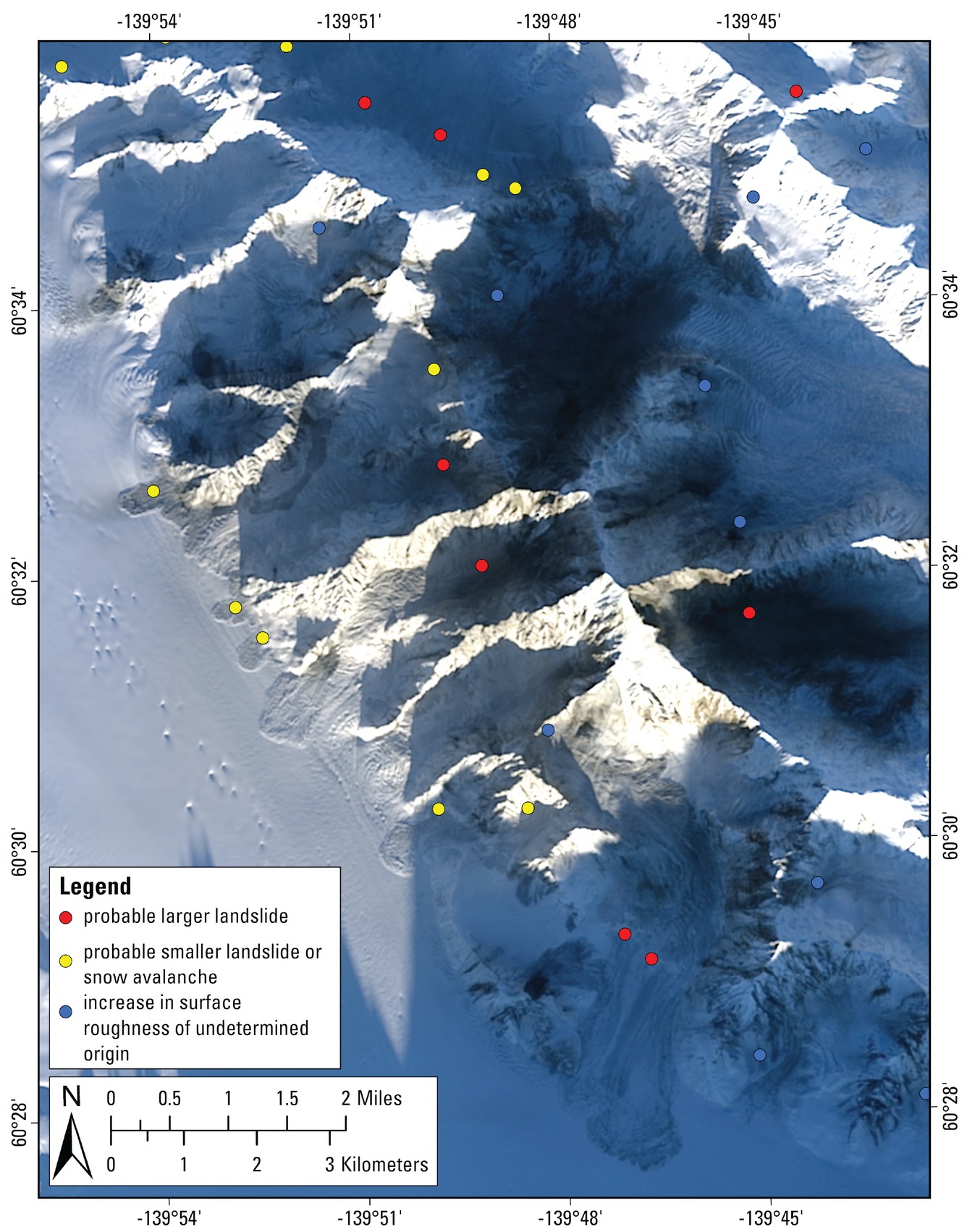 Landsat image showing landslide points in snowy mountains