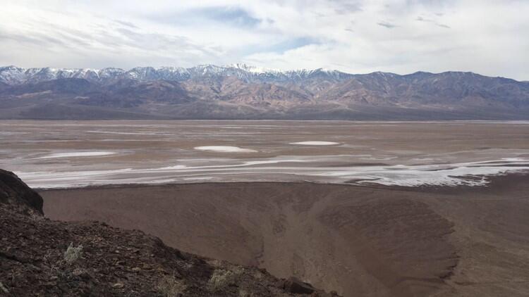 View of Panamint Mountains across Death Valley showing salt lake playa and alluvial fans