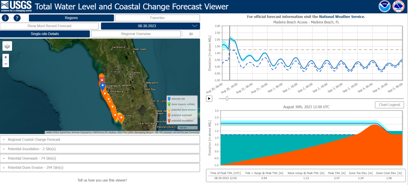 A screen shot of computer tool shows selected areas (left) and total water level forecast for Madeira Beach Florida (right)