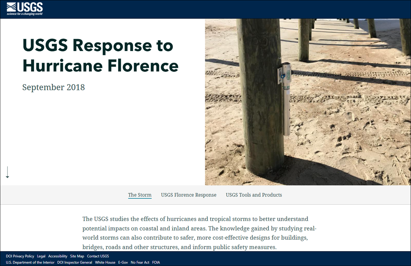 Screenshot of the geonarrative title screen including an image of a storm sensor anchored to a pier pylon