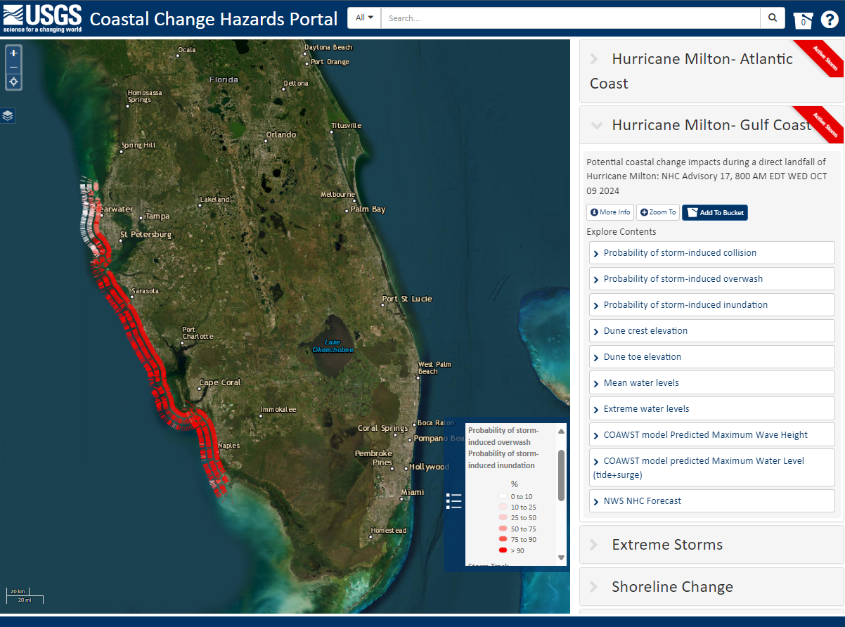 Screenshot of predicted impacts to Florida beaches from Hurricane Milton, with light to dark ribbons.