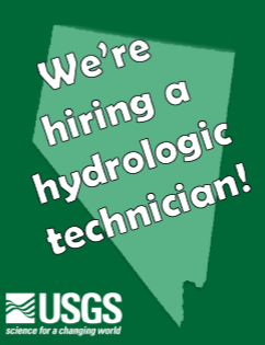 Green outline of Nevada with text announcing USGS is hiring a hydrologic technician.