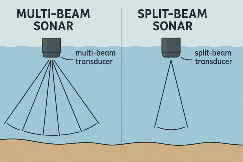 Figure 1. Diagram showing basic difference between multi-beam and split beam sonar transducers.