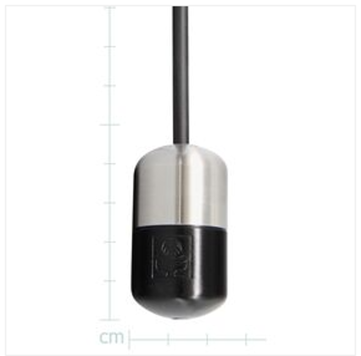 A black and silver microphone with black cable. 4.5 centimeters long and about 3 centimeters wide.