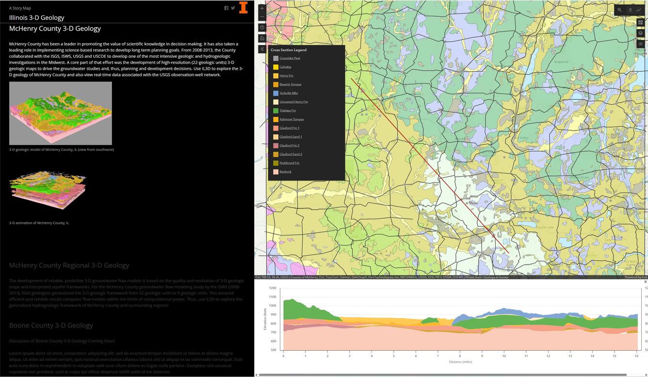 Screenshot with geologic map of McHenry Count, IL on right and 3D cross section below. Black info bar on left side of image. 